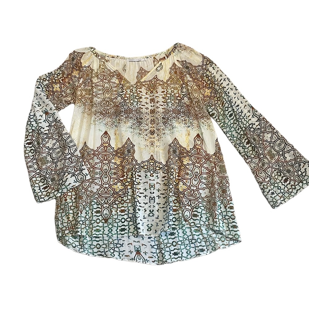 Tangerine NYC Print Long Flared Sleeve High Low Blouse Top | Size Medium